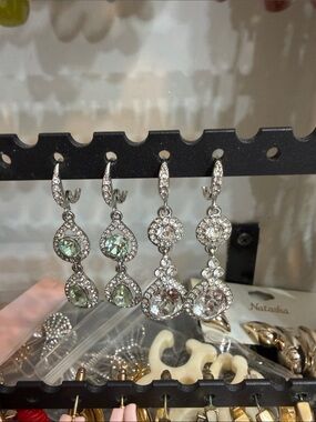 Givenchy Silver-Tone Drop Earrings with Green and Clear Crystals